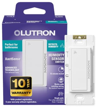 Lutron Humidity Sensor Switch, Bathroom Exhaust Fan, Automatic Moisture Control, 3-Amp Single-Pole Fan Switch, White, MS-HS3G-WH
