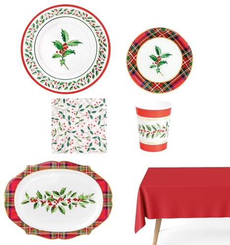 MAXI PRODUCTS - Vaisselle jetable de Noël 12 personnes Tartan et houx - Assiettes, gobelets, serviettes et nappe - Décoration de table de Noël - Motif tartan avec houx - Célébrations de Noël