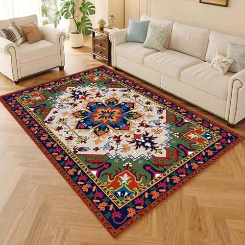 Generisch Waschbarer Teppich, Rot Grün Blau Gelb Cream Blumenmuster orientalisch,Bunt,100 x 160 cm, Kurzflor Teppiche für Küche Wintergarten Eingang Flur Innenbereich Bodenmatte Deko