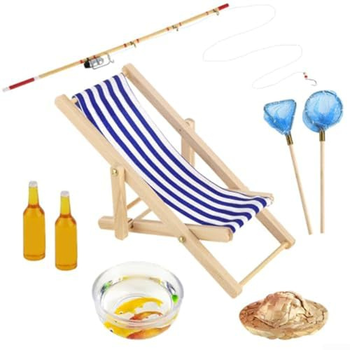 Miniature Fishing Set, 8-Piece Garden Gnome Accessories for DIY Decorative Chair with Wooden Mini Fishing Rod, Small Scale Beach Scene Decoration, for Craft and Model Enthusiasts