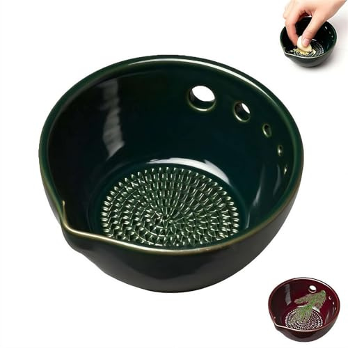 Handgefertigte Knoblauchplatte Reibe & Reibe Dish Schüssel, 2-in-1 Frische Kräuter Stripper Schüssel Keramik mit integrierten Reiben und Kräuterbeizer, Rasca Ajos Teller für Ingwer, Kräuter & Saucen