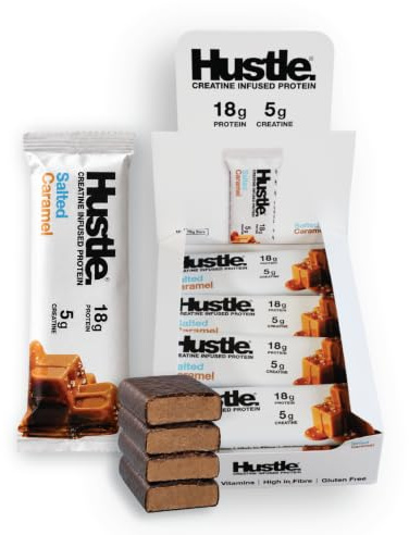 Hustle – Creatine Protein Bars, Salted Caramel, 18g Protein 12 Bars | Indulgence meets performance, with 5g creatine and 18g protein in every bite.