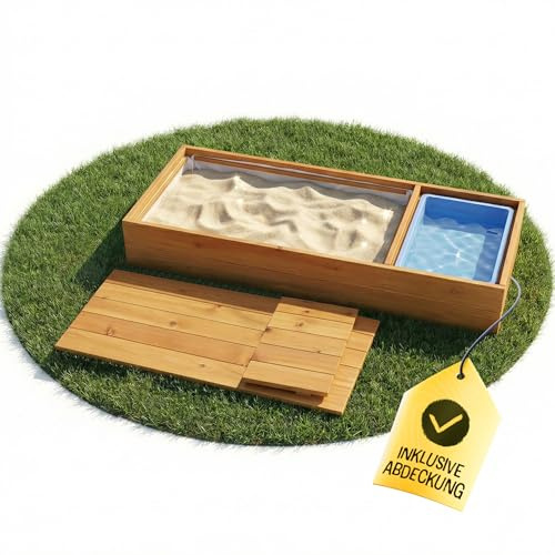 FRIEDO Sandkasten mit Abdeckung & Matschküche aus lasiertem Holz, 120x40 cm | Sandbox ideal für Balkon, Terrasse und Garten, Sandkiste mit Abdeckung und Deckel für kleine und große Kinder
