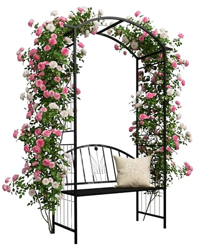 Relaxdays Rosenbogen, Metall, HBT: 210 x 134 x 48 cm, Torbogen mit Bank, Stabiler Rankbogen für Kletterpflanzen, schwarz