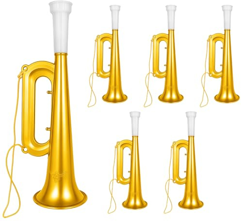 Nereds 6 PCS Mini Trumpet Toy Plastic Party Blowers Golden Plastic Bugle Trumpet Instruments Bugle Horn Funny Speaker Cheering Prop Early Education Musical Tool for Birthday,Party, School Events