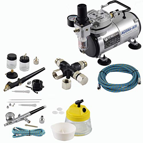 Agora-Tec® Airbrush Komplett-Set EXPERT VIII.1, Komplettsystem für Airbrush, inkl. Kompressor mit 4 bar und 20l/min + 2 Airbrushpistolen mit 0,2 & 0,3 & 0,5 & 0,8mm Nadeln/Düsen + 3-fach Luftdruckverteiler + Clean Pot + 2 Schläuche + Adapter