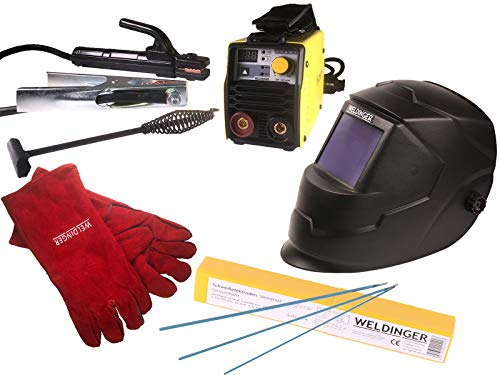 Aktionsset WELDINGER EW 140 mini MMA-/WIG-Schweißinverter Automatikhelm Elektrodensortiment Schlackehammer Handschuhe 5 Jahre Garantie