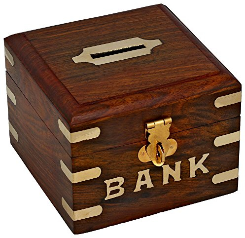 Ajuny Wooden Money Bank, Handcrafted Wood Square Shape Decorative Coin Piggy Bank Money Saver Storage Safe and Secure Box for Adults and Kids Birthday Gift Decor