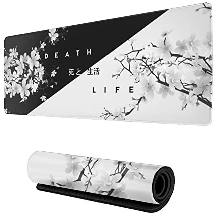FYPDIYS Mauspad mit Kirschblütenmotiv, Japanisches XL-Mauspad, verlängerte Lange Schreibtischmatte, genähte Kanten, rutschfeste Gummiunterseite, 80 x 30 cm, Schwarz und Weiß