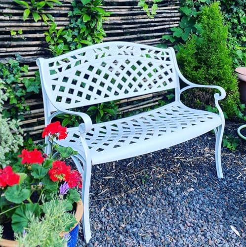 Lazy Susan Rose Metall-Gartenbank | 2-Sitzer wetterfeste Aluminium-Gartenbank | Gussaluminium, rostfrei | 3 Jahre Garantie (Weiß)