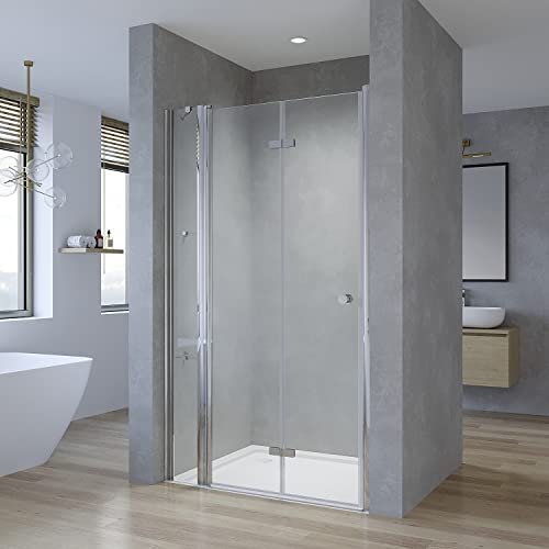 AQUABATOS® Nischentür Duschabtrennung 110(108-111) cm Faltbar Duschtür Höhe 187 cm mit Eckablage ESG 5mm Duschkabine Faltdusche Falttür Rahmenlos Drehfalttür (Wandausgleich 20mm & 10mm)