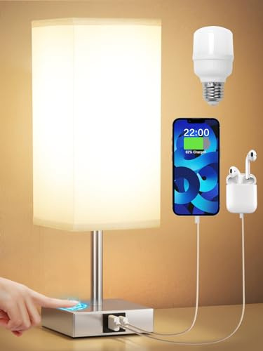 Aooshine Bedside Lamps, Touch Control Table Lamp with USB A+C Charging Ports, Lamps 3 Way Dimmable, for Bedroom Living Room Fabric Shade (LED Bulb Included)