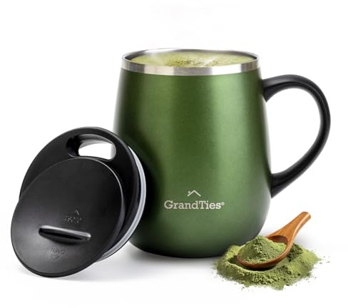 GRANDTIES Tazza da caffè isolata con manico, coperchio scorrevole per thermos a forma di spruzzo, con doppia parete sottovuoto, in acciaio inox, mantiene le bevande calde e fredde, verde metallizzato