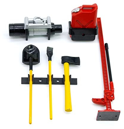 WANGCL 6PCS RC Crawler Accessoire RC Car Sets d'outils décoratifs Treuil + Jack + Pelle à Sable + Hache + Bidon d'huile + Traîneau en Bois Compatible avec 1/10 RC Car D90 D110 SCX10