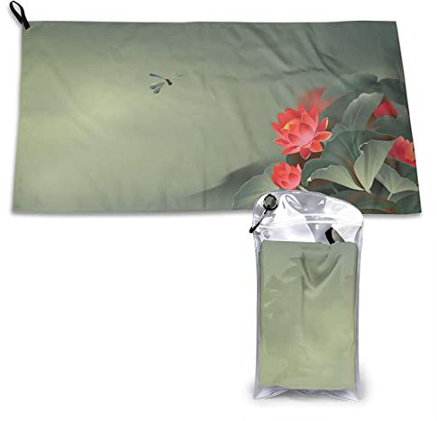 AROONS Schnell trocknendes Handtuch mit Tasche – Lotusblume und Libelle bedruckt, super saugfähig, Mikrofaser, Reise-Sporthandtücher, 80 x 40 cm