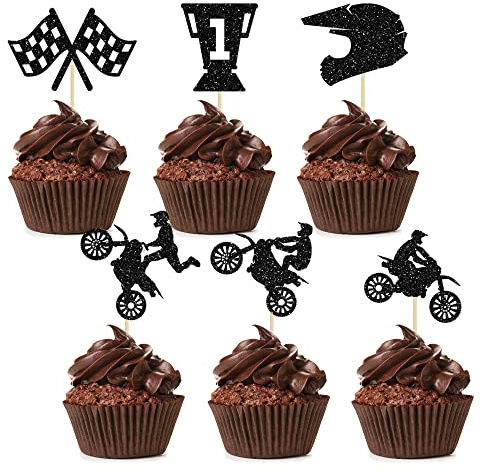 Ephlyn Motorcycle Cupcake Topper, 24 Pcs Black Glitter Decorations for Sports Motocross Theme Man Boy Birthday Party Cake