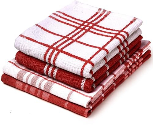 Encasa XO Jeux de Cuisine et Jeux de Cuisine | Rouge Non-éponge+Éponge Toallas de Felpa de algodón hautement absorbantes | 70x45 cm | Multiusos Para Lavar platos y limpiar Lot de 4