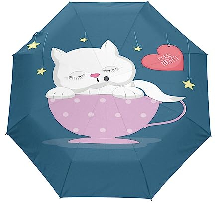 Love Cat Stars Bowl Automatic Foldable Umbrella UV Protection Auto Open Close Folding Sun Blocking Umbrellas for Travel Women Boys Girls