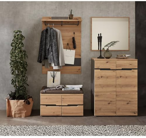Lomadox Garderoben Set Flurgarderobe mit Sitzbank inkl. Kissen in Artisan Eiche Nb. Graphit