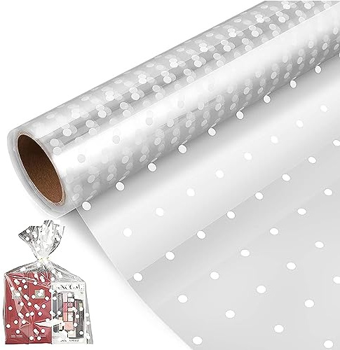 Papel celofan transparente, 2,5 mil Rollo de Celofán Transparente, Papel Transparente Regalo, rollos papel celofan, para Flores, Embalaje de Cesta de Regalo (Patrón de puntos), 40 CM x 30 M