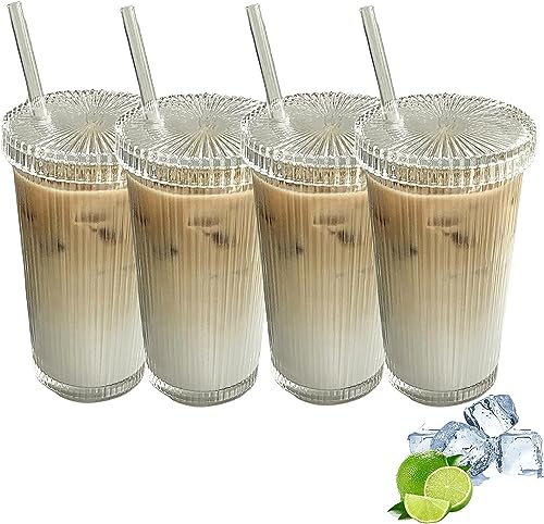 FZQBEY Glas Wasserbecher mit Deckel und Strohhalm, Kristallstreifen Glasbecher Saftflaschen Set, Trinkglas, Kaffee gläser, Blasen Teetassen, Saftglas, Milchtrinkbecher, 375 ml (4pcs)