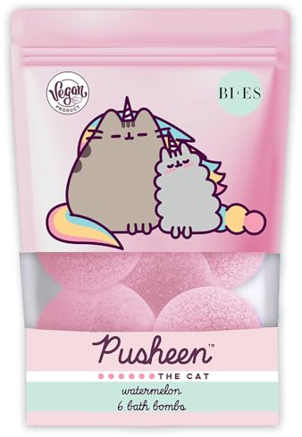 Pusheen The Cat Fizzing Bath Bombs - 6pcs with Watermelon Fragrance, Vegan & Natural with Essential Oils - Safe, Gentle, and Fun Bath Time Treat for Adults and Children Aged 3+