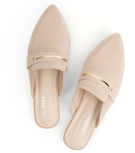 MUSSHOE Womens Mules for Women - Suede Slip On Backless Loafers with Cushioned Insole, Pointed Toe Flats for Office Work Business Casual,Nude Suede 8