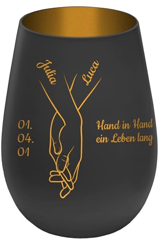 Personalisierbares Windlicht ''Hand in Hand'' - Schwarz/Gold - gravierter Glas Teelichthalter mit Namen, Daten, Wunschtext - Höhe 12 cm - Geschenk zu Hochzeit Verlobung Jahrestag Valentinstag