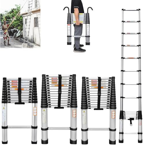 5M Telescopic Folding Ladder with hooks, 16.5FT Multi-Purpose Aluminium Loft Ladder Extendable Portable Telescoping Ladder Lightweight Collapsible Ladder for Outdoor Indoor Work, 330lb Capacity