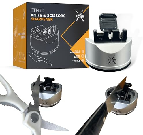 SWYSH 3-Stage Kitchen Knife Sharpening Tool – Versatile Blade Sharpening Tool for All Types of Daily Knifes with Straight & Serrated Edges – Dedicated Scissors Sharpening Slot – Compact & Portable