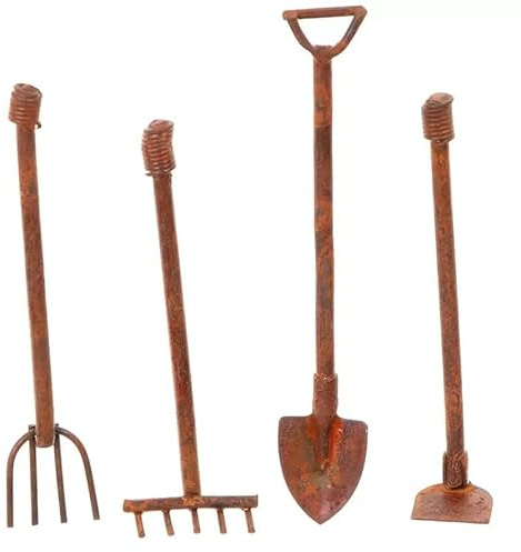 4 Pcs/Set Miniature Dollhouse Garden Tools 1:12 Mini Rusty Shovel Hoe and Pitchfork Fairy Garden Accessories Furniture Ornaments Micro Landscape Decor Garden Sculptures Statues(ZS358)