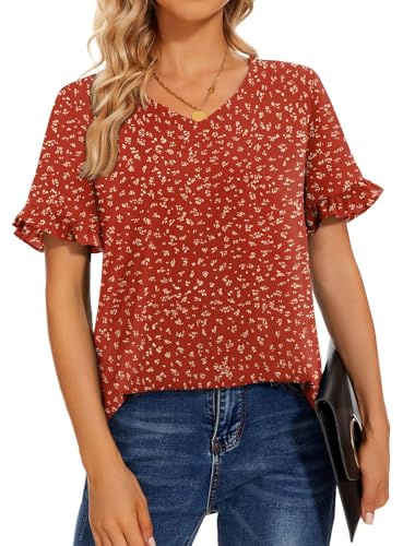 Bestbee Womens Dressy Chiffon Blouses Puff Short Sleeve V Neck Tunic Tops Cute Summer Shirts Casual T-Shirts Lightweight, Polka Dots Red, XL