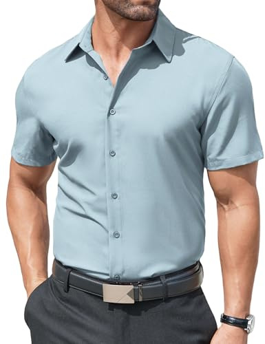 COOFANDY Kortärmad herrskjorta enkel formell skjorta stretch affärsskjorta normal passform button-down-skjortor för bröllopsfest, Ljusblått, L