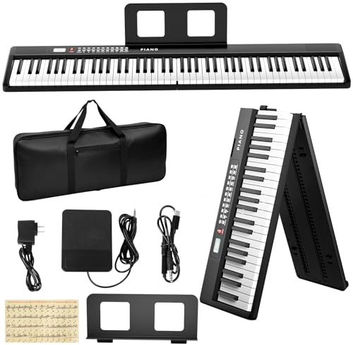 Elektronische Keyboard Piano, Faltbare 88 Tasten Digitale Klavier Mit Netzteil, Pedal, Notenständer, Aufkleber, Tragetasche, Geschenk für Anfänger