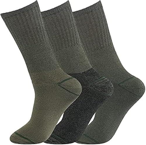 CHAAL® 3 Chunky Socks for Mens Military Hiking Army Cushion Sock Warm Winter Work Thick Cotton Blend Thermal Walking Patrol Hiking Olive Green Boots Socks UK Size 6-11 Green