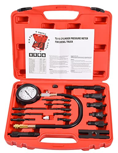 17-teiliges Kompressionsprüfer-Set für Dieselmotor-Zylinderdruckprüfer für Autotraktoren 1000 PSI, Kompressionsmessgerät-Adapter-Set für Dieseldruckprüfer, sowohl für Motoren mit Direkt- als auch m
