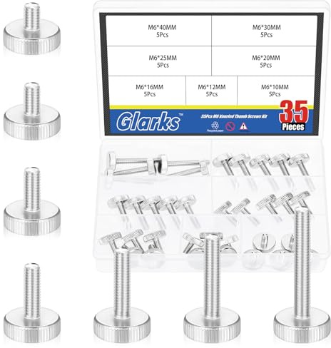 Glarks 35pcs M6 x 10/12/16/20/25/30/40MM Knurled Round Thumb Screws, Fully Threaded Thumb Screw Bolts, Flat Knurled Head Thumb Screws Bolts, Shoulder Grip Knobs Fasteners for Electronic, Mechanical