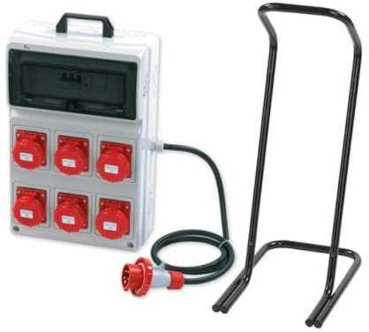Tableau ASC portable, 9KW 400V, IP65, 6 prises 3P+T 16A, fiche 3P+T 16A, avec magnétothermique différentiel, bouton d'urgence et béquille - Rosi 2285C