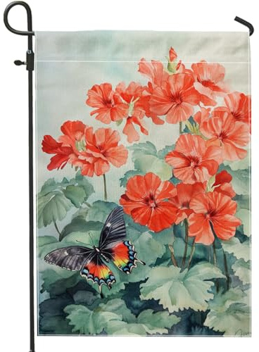 Bandera de jardín floral de verano, bandera de jardín de mariposa de geranios rojos, decoración al aire libre, bandera decorativa de doble cara para el hogar, vacaciones y decoración de césped, 12 x