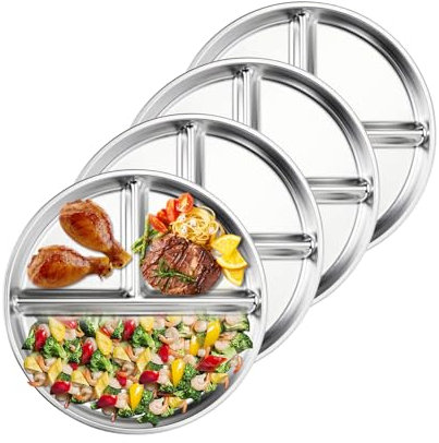 Goiern 4 Stück Edelstahl Kinderteller, 23 cm Portionskontrollteller Geteilte Teller für Erwachsene Bariatric mit unterteilung Kleinkind Mittagstisch, Camping-Esstray
