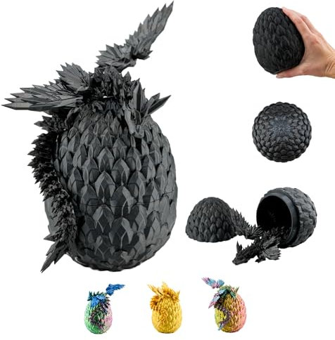 Drago 3D con ali nell'uovo – Uovo di drago con drago 23 cm | Uovo grande 12 cm | Drago a sorpresa in nero con motivo floreale | Giocattolo fantasy mobile e figura da collezione per bambini (Nero)