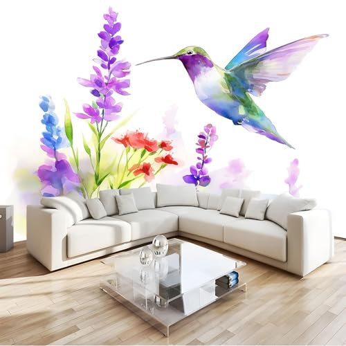 Bianco Carta Da Parati 3D Fiori, Piante E Uccelli Ad Acquerello Poster Decorazione Da Muro Gigante Murale 200 X 140 Cm Per Soggiorno Camera De Letto Sala Ufficio
