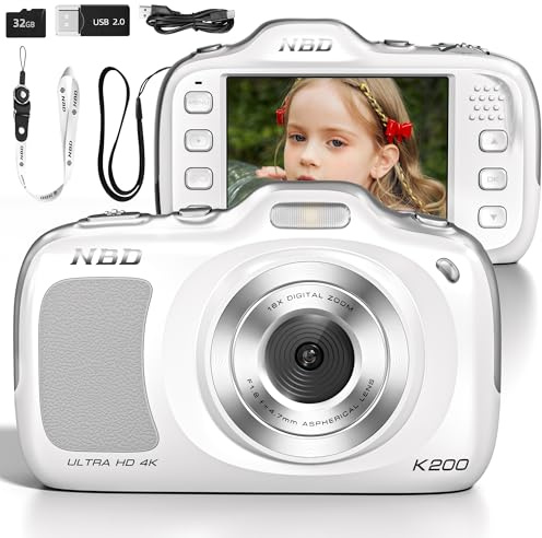 NBD Cámara Digital Compacta 64MP 4K, Zoom 16x Ultra Ligera 120g Pantalla IPS 2.8 16 Filtros Compatible 256GB Cámara para Vlogs para Principiantes (Blanco)