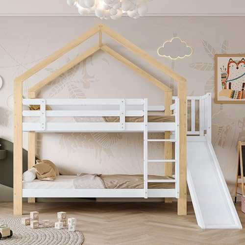 Letto a castello con scivolo e scala, letto in legno massello con tetto e ringhiera, soluzione di sonno salvaspazio con ascesa sicura, design accogliente, facile da montare