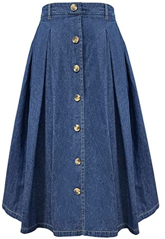 Alaster Queen Women's Long Denim Skirt Ladies Midi High Elasticated Waist Flowy Pockets Skirt for Women UK, L