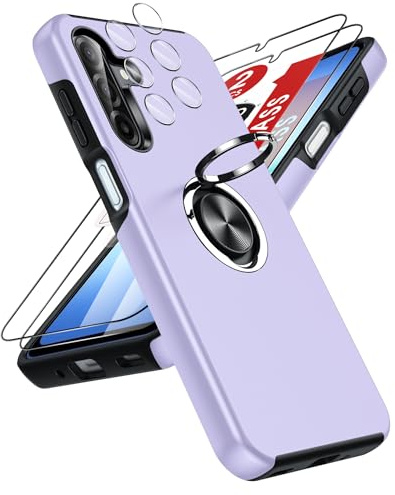 LeYi for Samsung Galaxy A17 Phone Case with 2 Screen and 2 Lens Protector | Invisible Metal Ring Stand Holder Shockproof Protective Mobile Cover for A 17 4G/5G - Purple