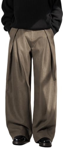 Mens Pleated Wide Leg Old Money Baggy Pants Casual Zipper Fly Pants Elastic Waist Loose Fit Fall Long Trousers with Pockets Deep Grey