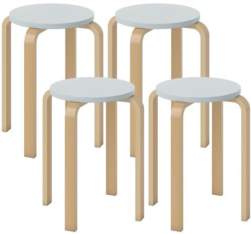 HOMCOM Set 4 Sgabelli Impilabili Rotondi, Set Sgabello Legno Moderno con Base Antiscivolo, Sedie Impilabili Senza Schienale con Gambe Curve per Cucina, Bar, Sala da Pranzo, Ufficio, Ø40x45 cm, Grigio