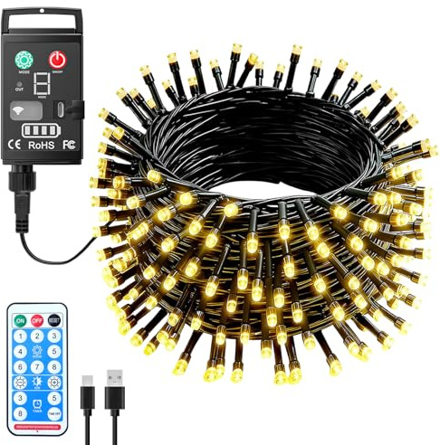 Kinamy Guirlande Lumineuse Exterieure Pile Rechargeable, 10M 100 LED Blanc Chaud Guirlande Lumineuse Sapin de Noel Étanche, 8 Modes avec Télécommande Minuterie, pour Noel Mariage Anniversaire Patio