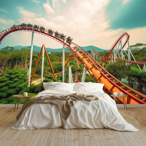 Moda Art Papel Tapiz Temática De Parque De Atracciones Montaña Rusa Arte Mural de Papel Pintado 200x140 cm Fotomural Decoración de Papel Tapiz Fondo de Pared de Tv de Fotografía, Turquesa